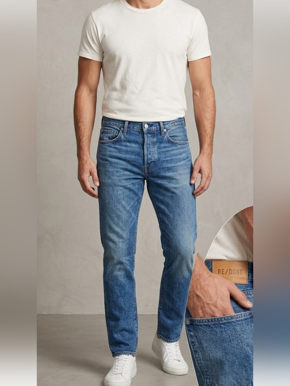 Re/Done Jean Mens 32x32 Blue Button Fly Straight Fit Comfort Stretch NEW
